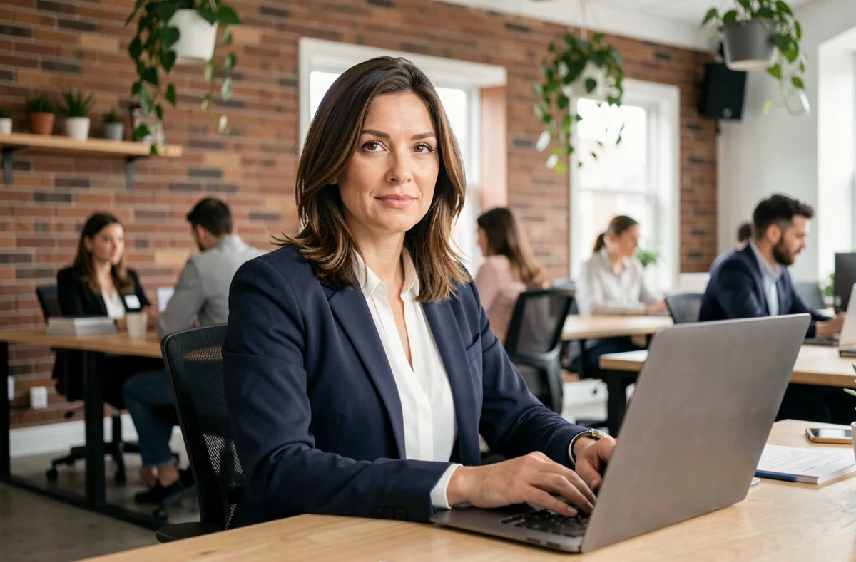 Consultante en portage salarial travaillant dans un espace de coworking moderne avec son ordinateur portable