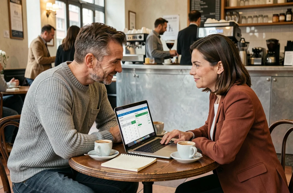 Couple d'entrepreneurs discutant d'un simulateur de revenu dirigeant autour d'un ordinateur dans un café parisien avant leur création d'entreprise