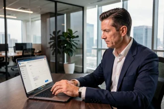 Courtier en assurance consultant l'extranet AXA sur son ordinateur portable dans un bureau professionnel moderne