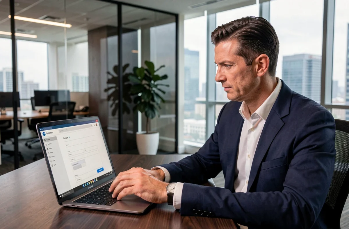 Courtier en assurance consultant l'extranet AXA sur son ordinateur portable dans un bureau professionnel moderne