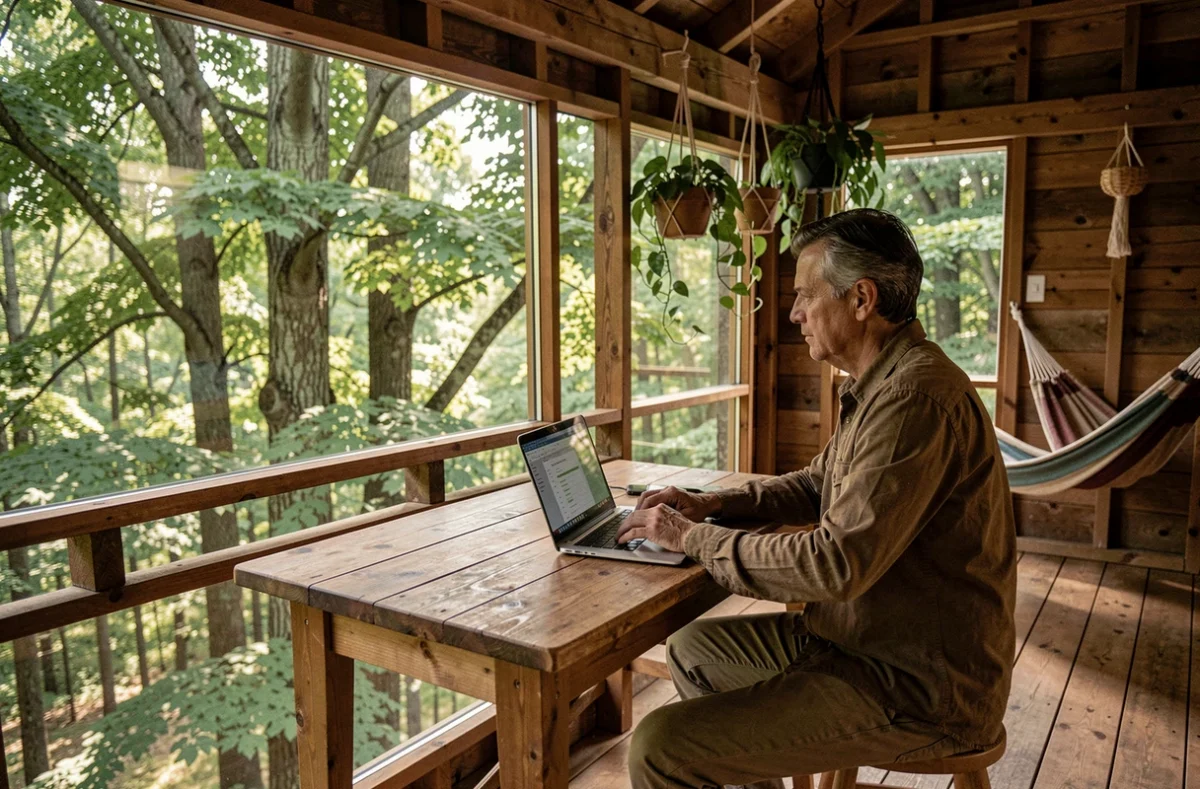 Espace de coworking À la cime des arbres avec professionnel travaillant dans une cabane perchée en forêt