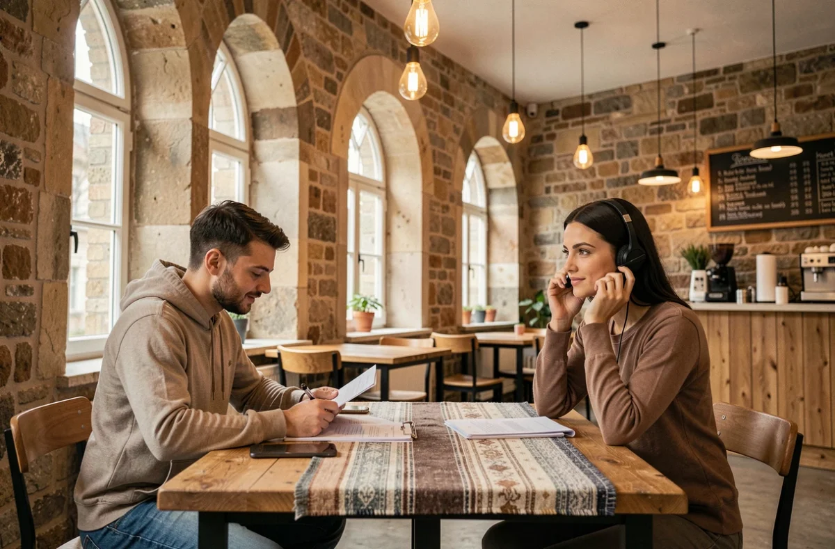 Deux professionnels partageant une table dans un espace de coworking aménagé dans un bâtiment historique à Saintes
