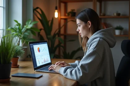 Créatrice de contenu anonyme travaillant sur son ordinateur portable dans un bureau à domicile, protégeant son identité tout en gérant ses revenus en ligne