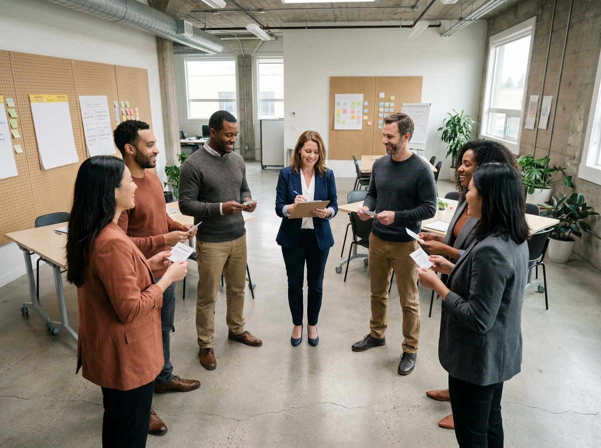 Groupe de commerciaux en cercle lors d'un débriefing de fin de formation dans un espace de travail collaboratif
