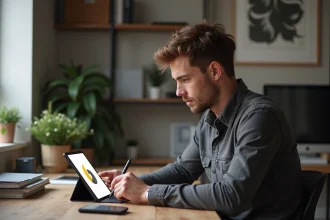 Jeune designer graphique avec tablette dans un bureau moderne