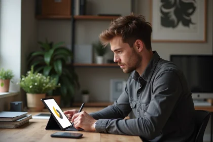 Jeune designer graphique avec tablette dans un bureau moderne