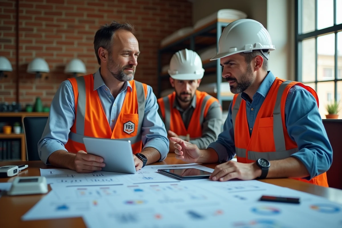 Deux hommes collaborant avec plans et tablettes numériques