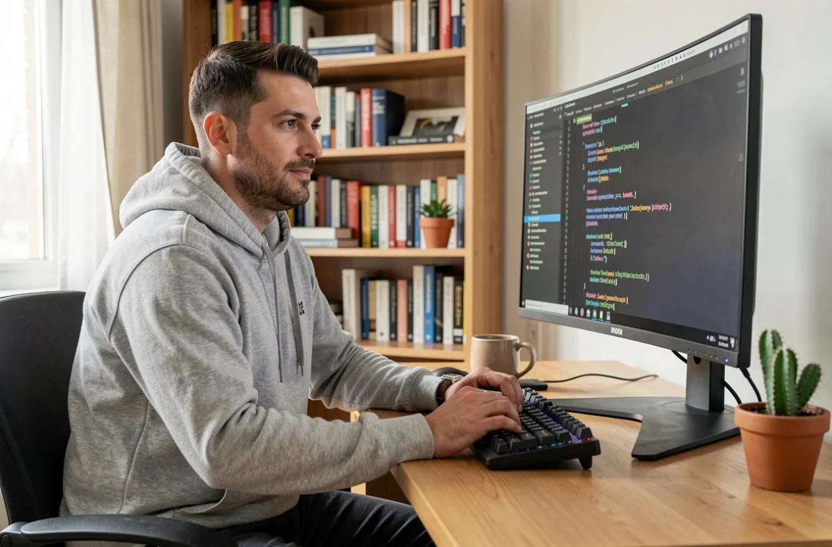 Développeur freelance en portage salarial travaillant depuis son bureau à domicile sur un écran ultrawide