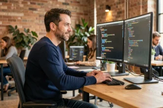 Développeur informatique indépendant travaillant en portage salarial dans un espace de coworking moderne