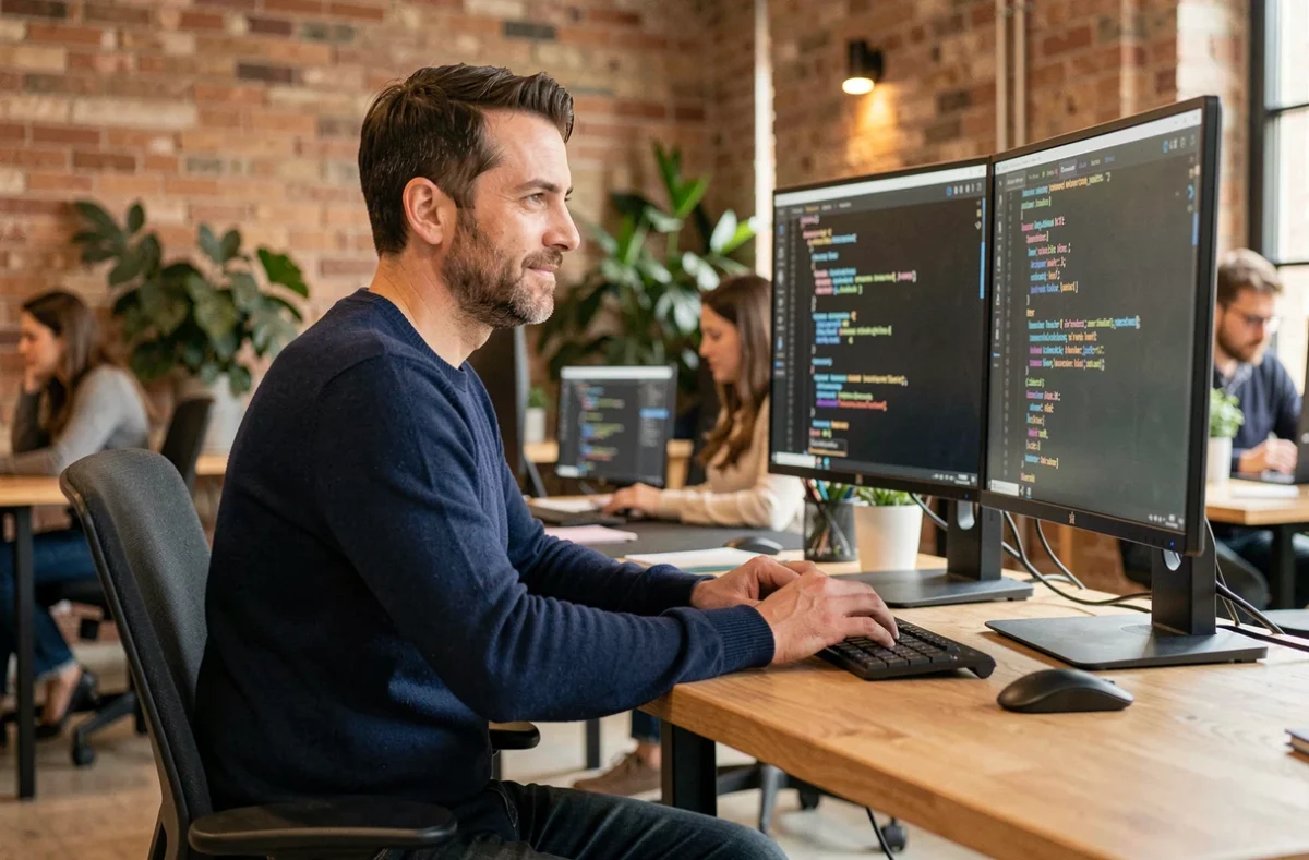 Développeur informatique indépendant travaillant en portage salarial dans un espace de coworking moderne