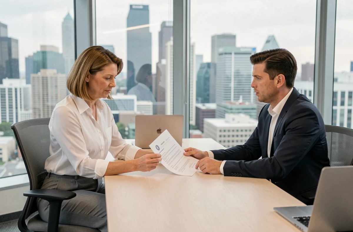 Développeuse informatique en réunion avec un consultant en portage salarial pour signer un contrat