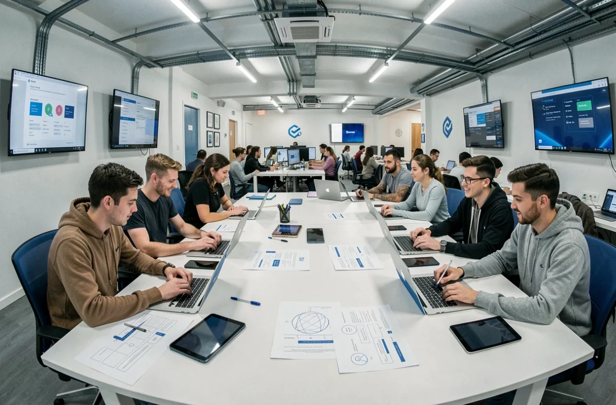 Digital Village Angers avec une équipe de professionnels du numérique collaborant autour d'une grande table