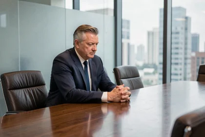Dirigeant d'entreprise seul dans une salle de réunion après son départ, évoquant la fin d'un mandat de PDG