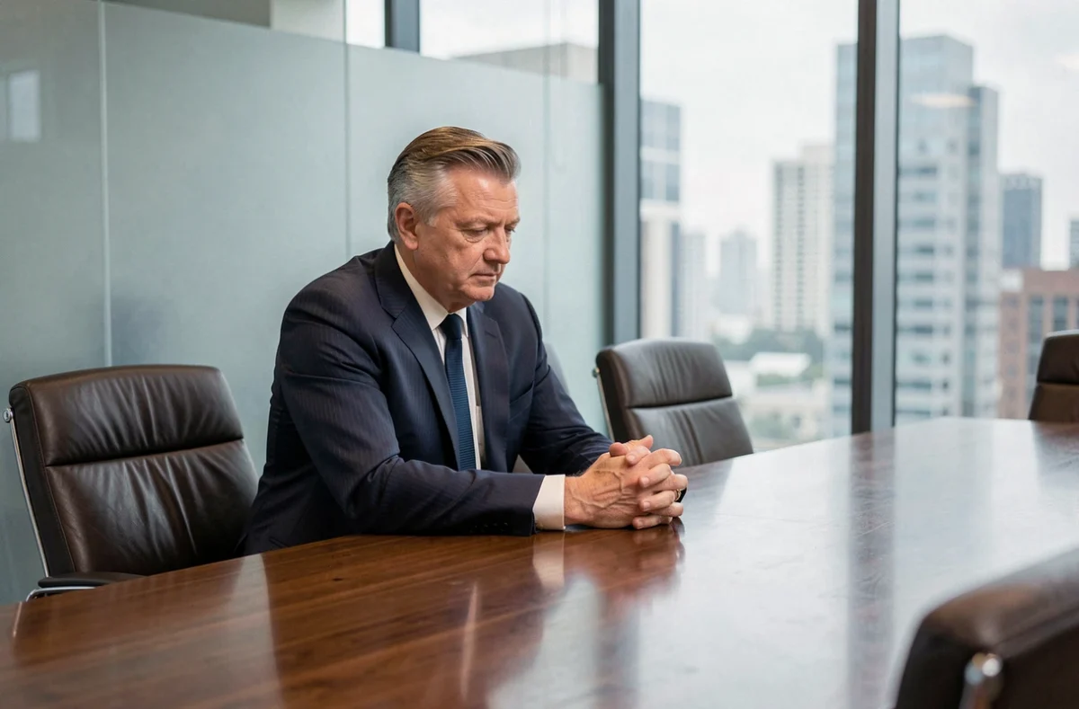 Dirigeant d'entreprise seul dans une salle de réunion après son départ, évoquant la fin d'un mandat de PDG