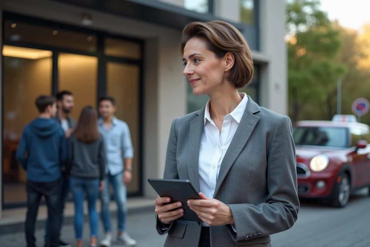 Directrice d auto ecole avec groupe d élèves et voiture
