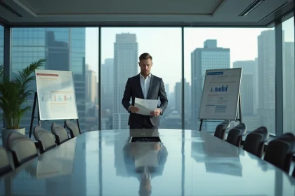 Cadre dirigeant américain analysant des rapports de management dans une salle de conférence corporate moderne avec vue sur skyline urbain