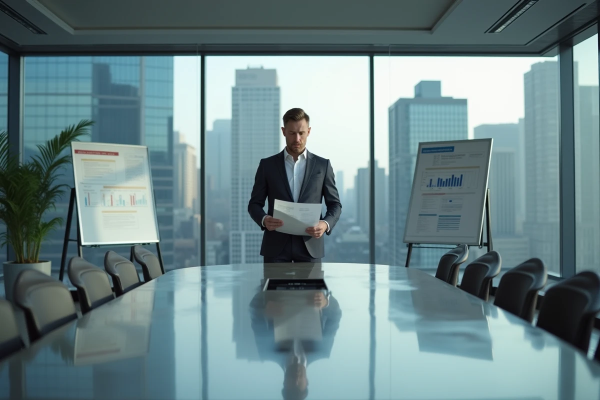 Cadre dirigeant américain analysant des rapports de management dans une salle de conférence corporate moderne avec vue sur skyline urbain