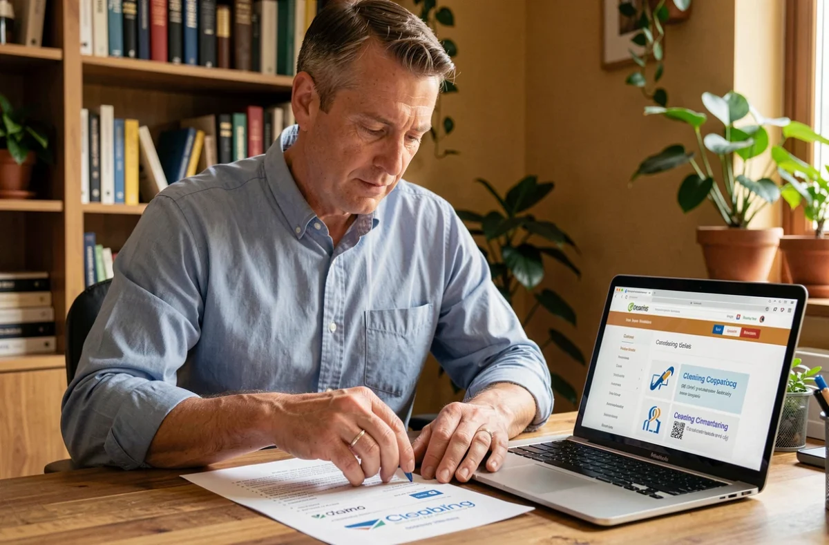 Chef d'entreprise comparant une liste d'entreprises de nettoyage sur son bureau avec ordinateur portable et documents imprimés