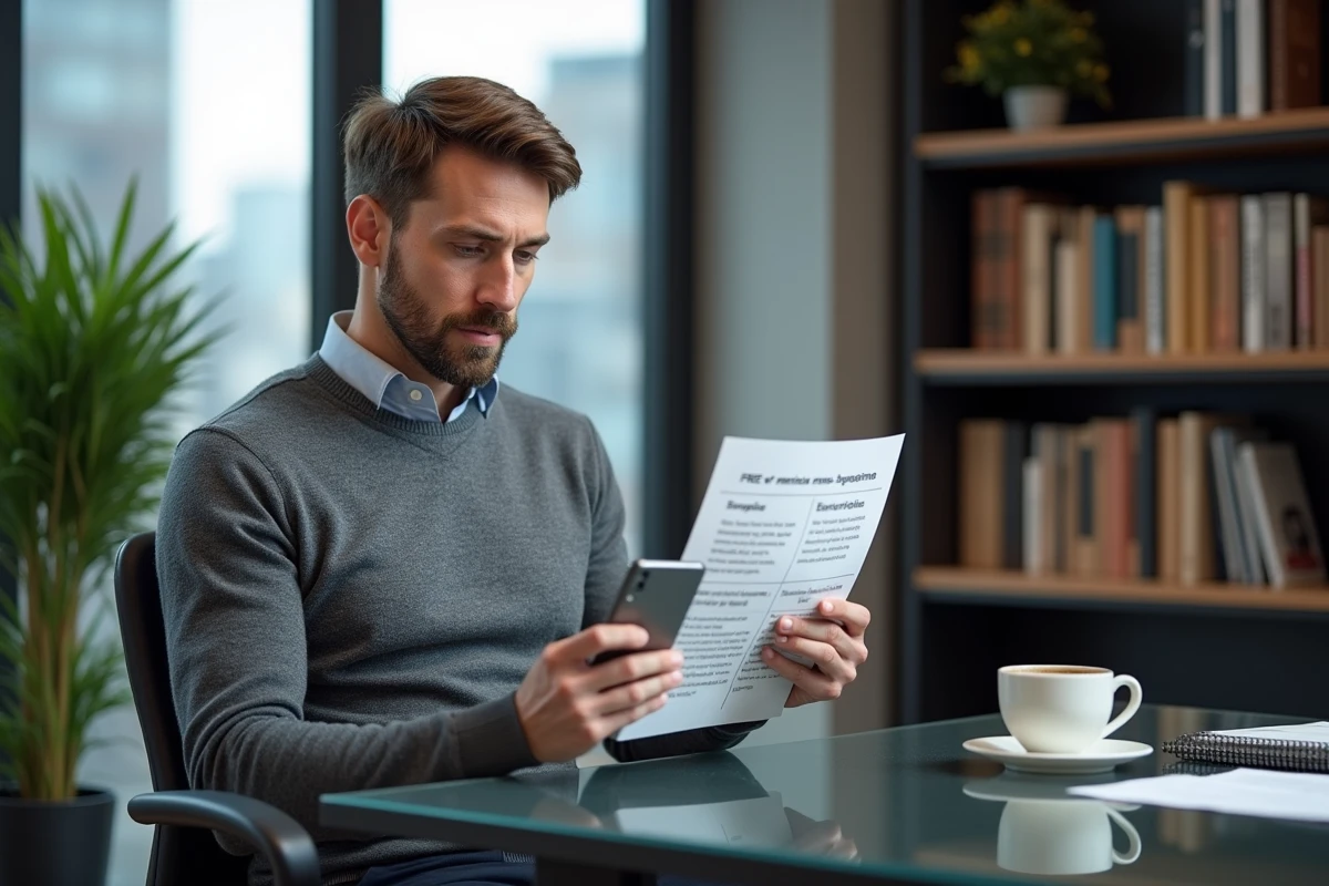 Chef d'entreprise comparant les offres gratuites et les abonnements payants de journaux business dans son bureau