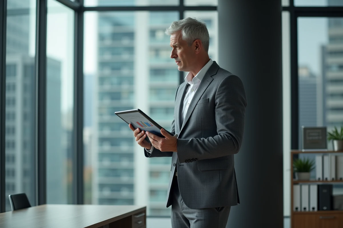 Dirigeant de PME consultant un tableau de bord stratégique sur tablette numérique dans un bureau exécutif