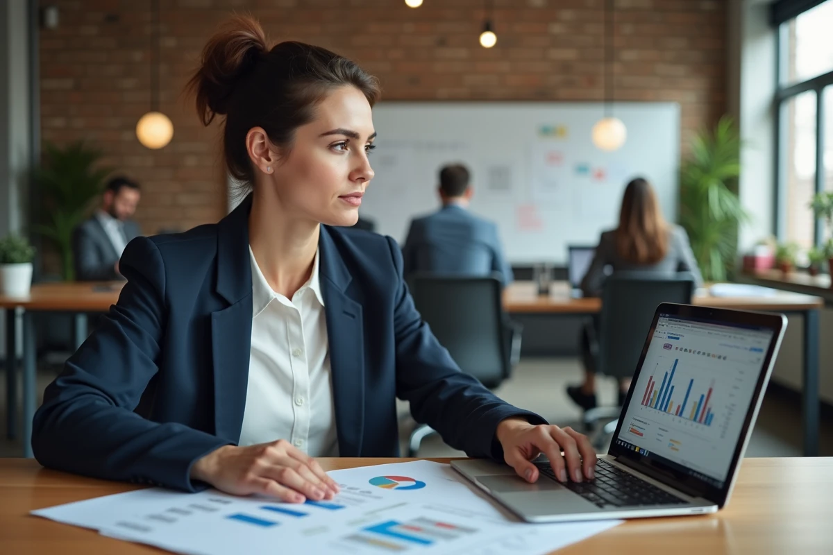 Dirigeante de PME analysant des données stratégiques sur un tableau de bord numérique dans un bureau moderne