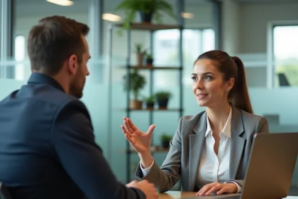 Employée discutant d'une absence avec son manager dans un bureau moderne