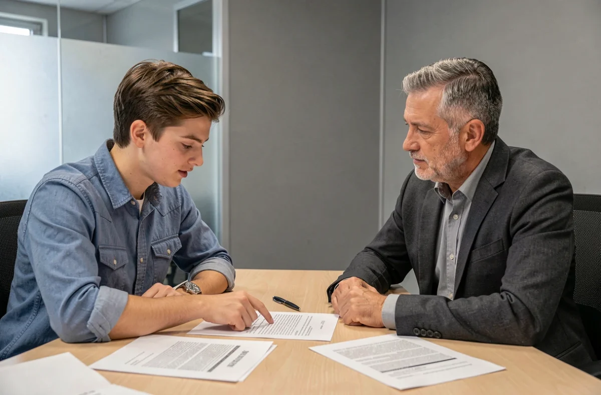 Apprenti discutant des étapes de sa démission avec un conseiller avant d'envoyer sa lettre