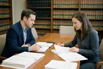 Un homme et une femme signent des documents de divorce à l'amiable autour d'une table de bureau en bois, dans une atmosphère calme et professionnelle.