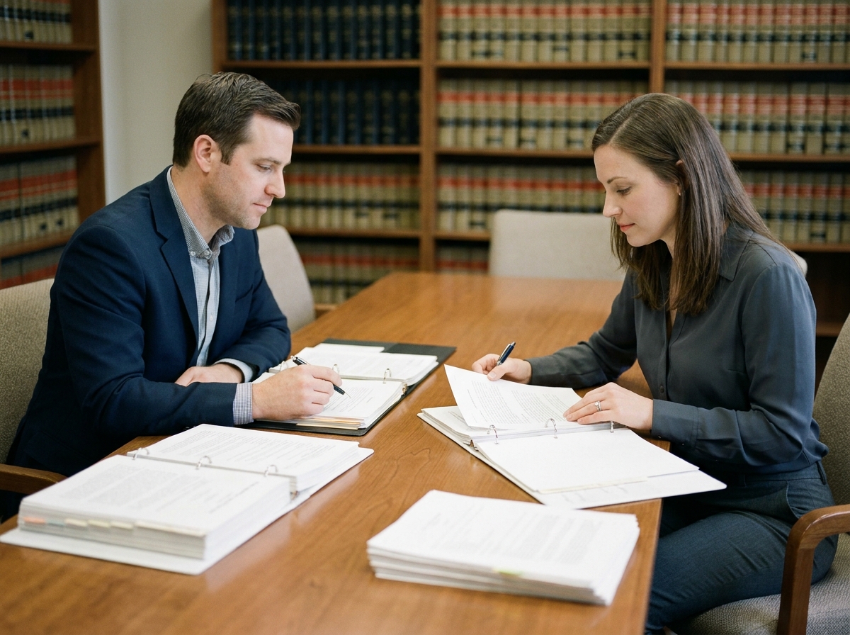 Un homme et une femme signent des documents de divorce à l'amiable autour d'une table de bureau en bois, dans une atmosphère calme et professionnelle.
