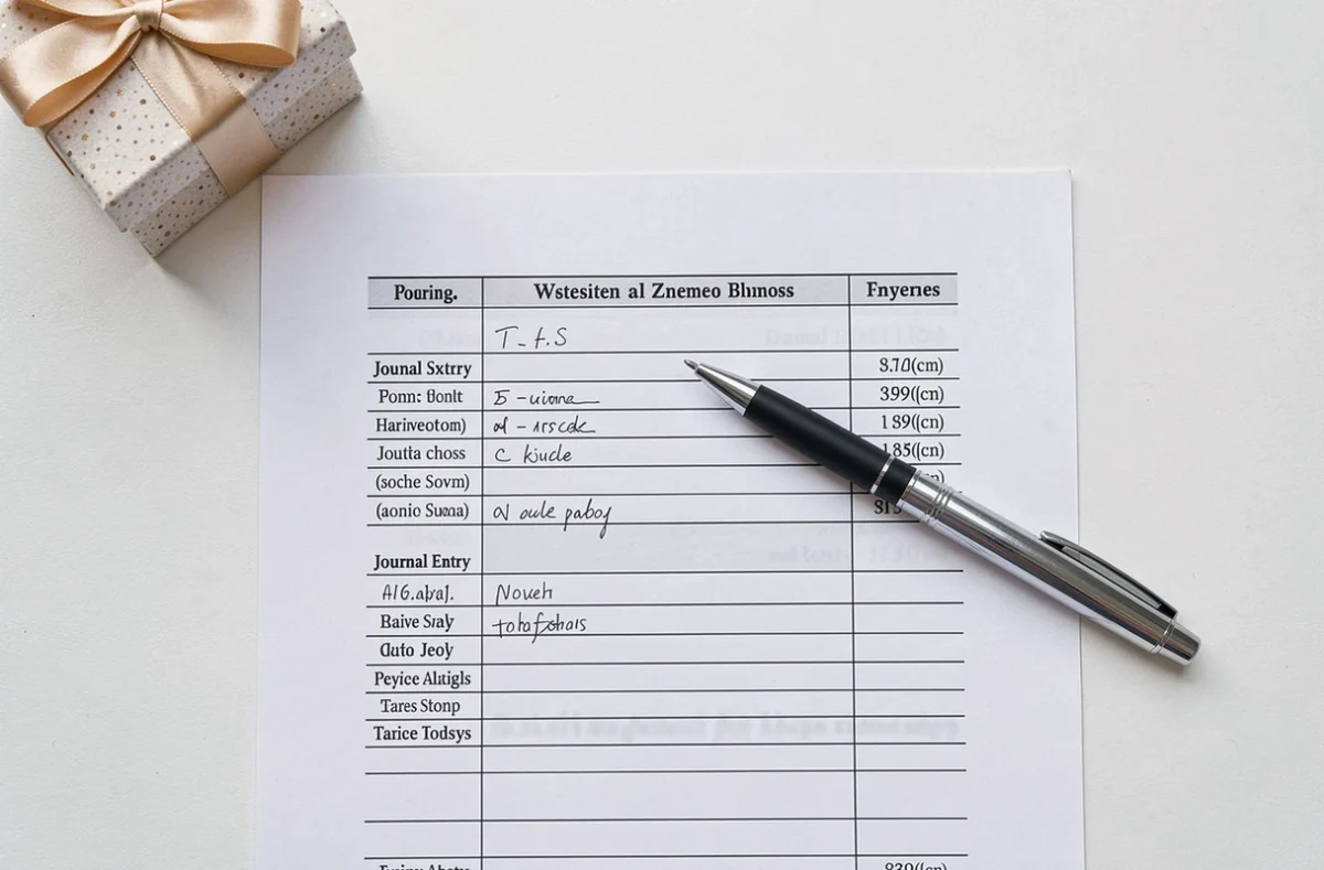 Document comptable avec écriture de cadeau salarié, stylo et boîte cadeau posés sur un bureau blanc