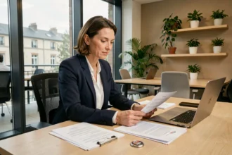 Femme d'affaires consultant des documents de domiciliation d'entreprise dans un espace de coworking moderne du Val-de-Marne