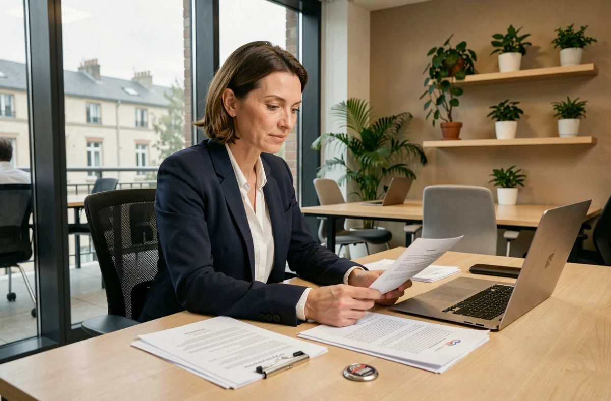 Femme d'affaires consultant des documents de domiciliation d'entreprise dans un espace de coworking moderne du Val-de-Marne
