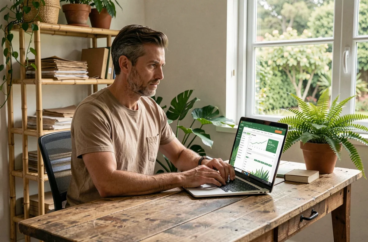 Consultant de l'agence e-Web Eco travaillant sur le référencement d'un site éco-responsable dans un bureau naturel et durable