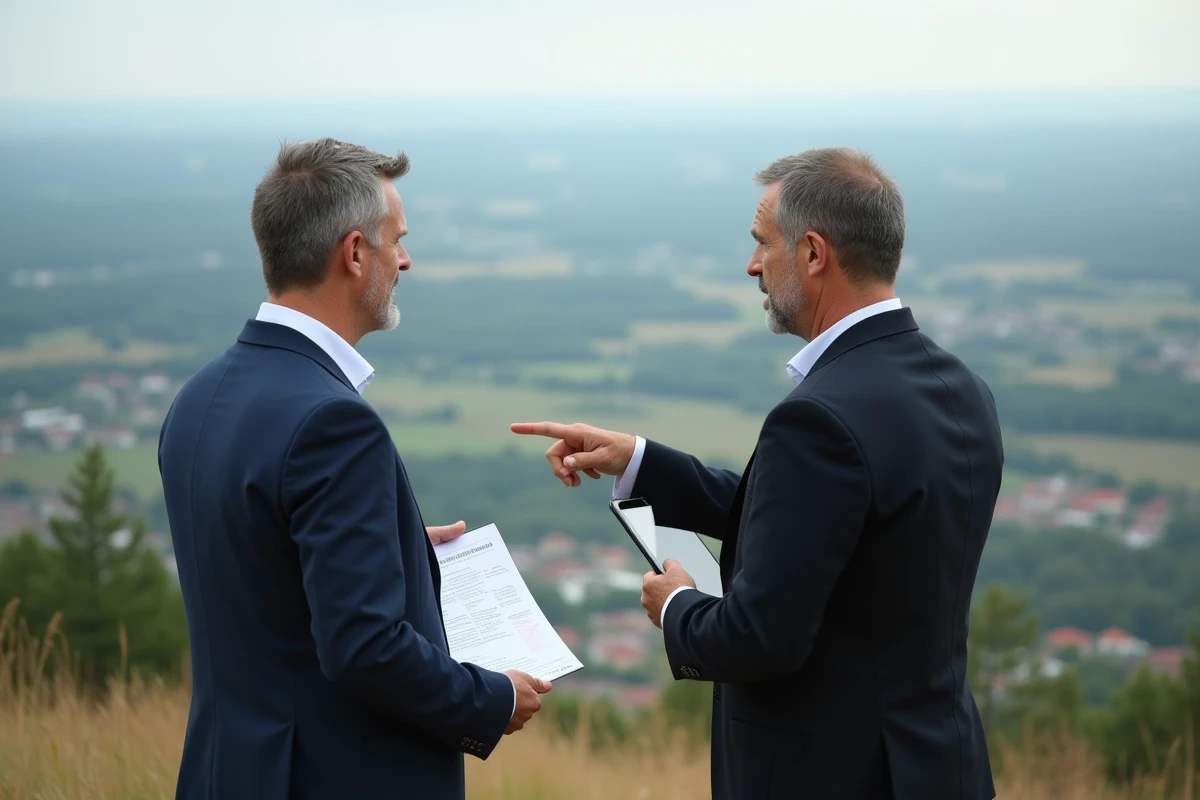 Deux élus intercommunaux observant leur territoire depuis un point de vue panoramique en tenant un rapport de diagnostic