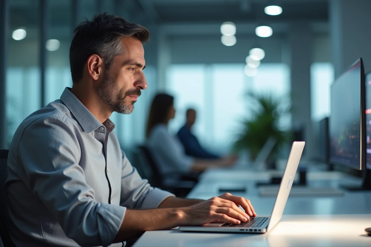 Homme rédigeant un email de démission sur son ordinateur portable au bureau