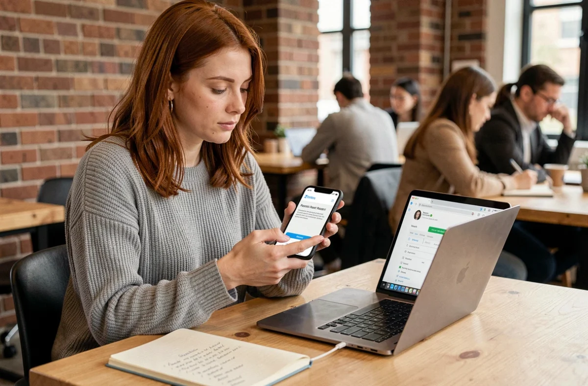 Jeune professionnelle consultant un email de réinitialisation de mot de passe Zimbra sur smartphone et ordinateur