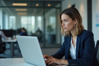 Employée Air France sécurisant son compte Intraligne sur un ordinateur portable en milieu professionnel