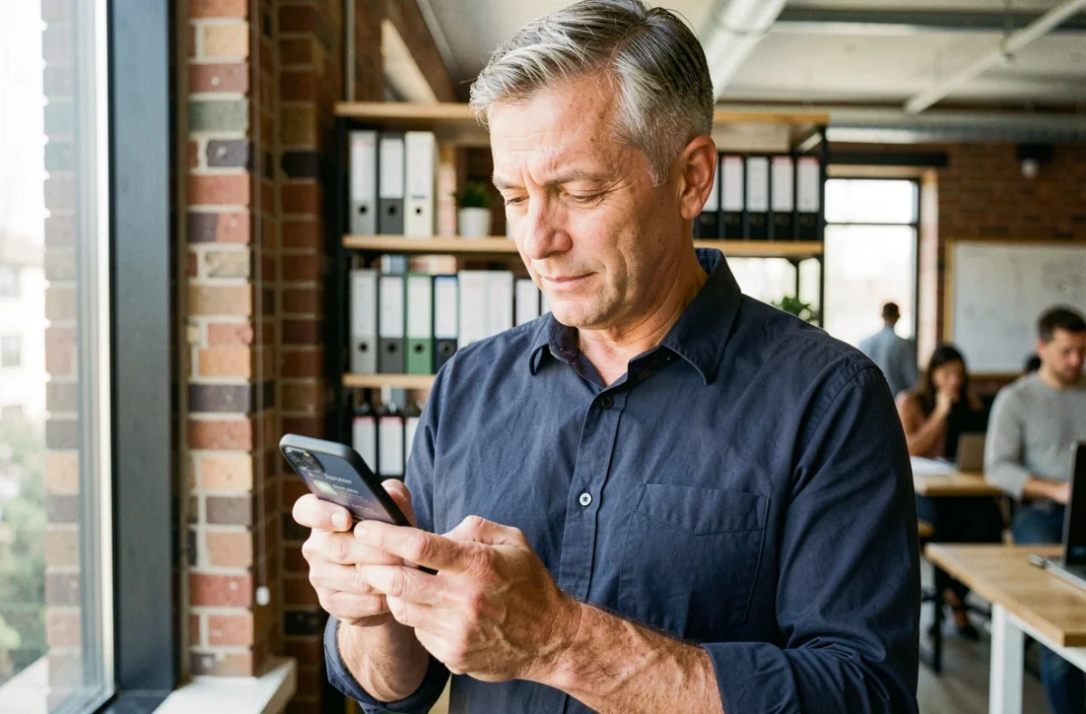 Employé vérifiant ses documents RH dématérialisés sur smartphone dans un espace de coworking