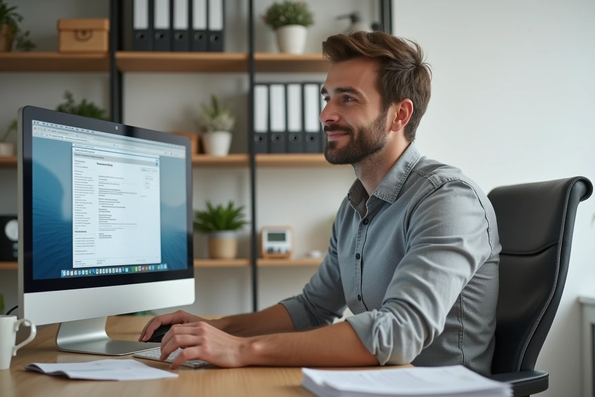 Employeur gérant ses déclarations sociales en ligne depuis son bureau à domicile