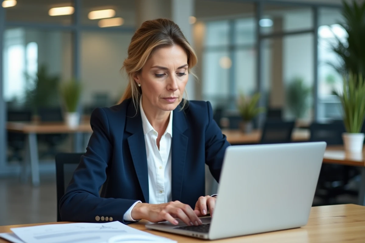 Employeuse connectée à l'espace employeur Urssaf sur son ordinateur portable dans un bureau professionnel