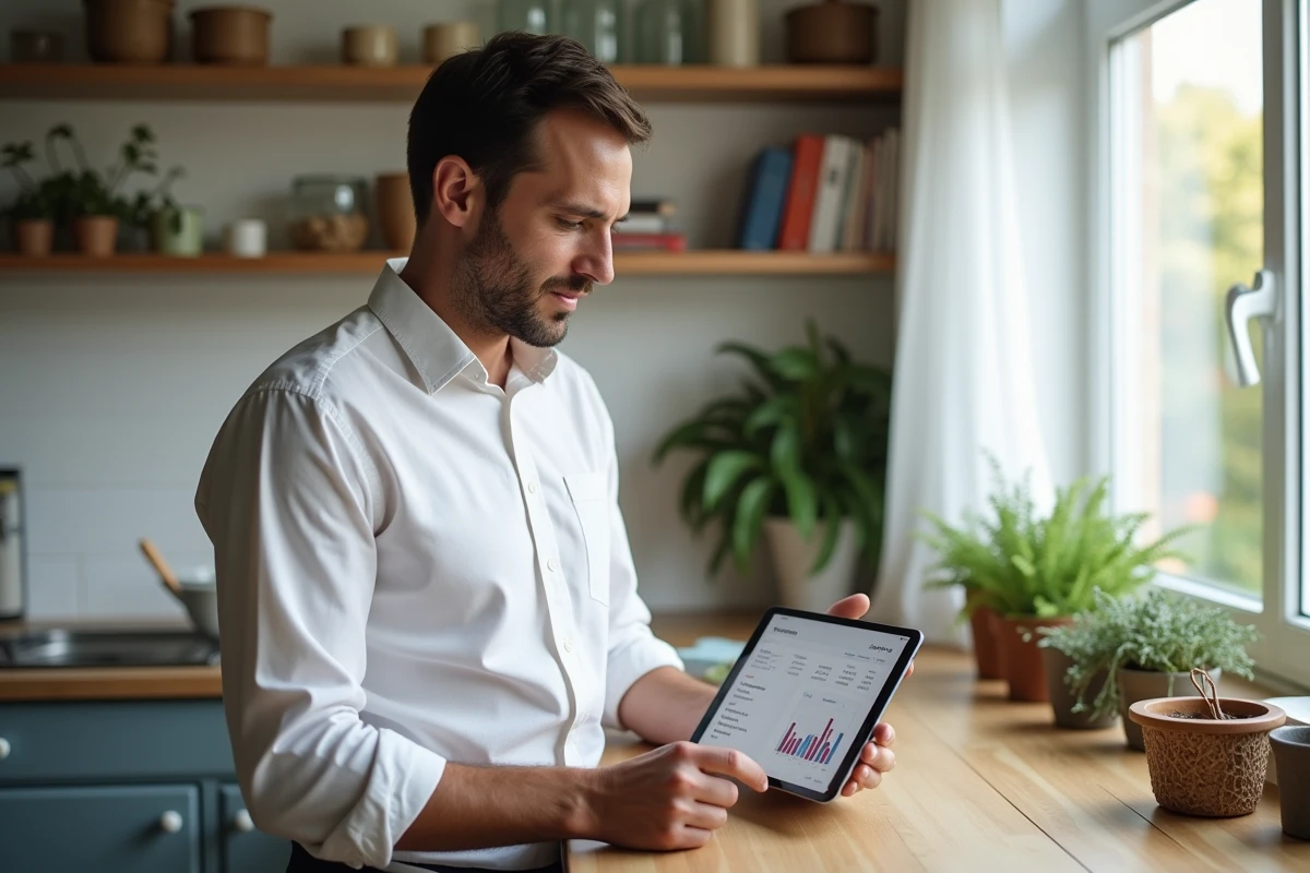 Entrepreneur freelance gérant sa comptabilité simplifiée sur tablette depuis son bureau à domicile
