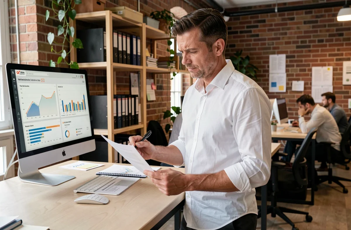 Entrepreneur comparant un rapport papier avec une plateforme de données d'entreprise en ligne dans un espace de coworking