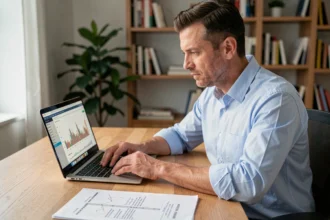 Entrepreneur en reconversion professionnelle analysant un simulateur de revenu dirigeant sur son ordinateur portable avant de quitter le salariat