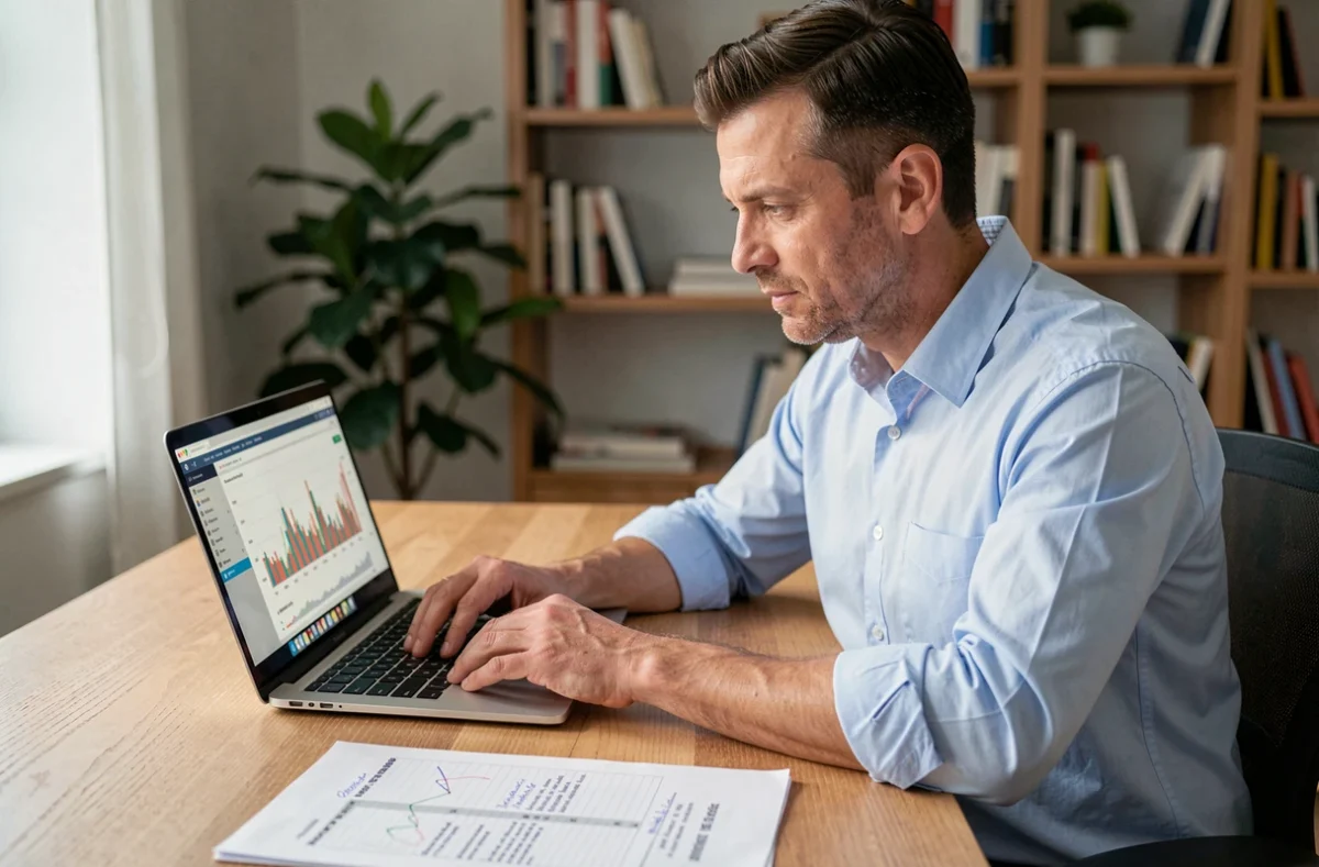 Entrepreneur en reconversion professionnelle analysant un simulateur de revenu dirigeant sur son ordinateur portable avant de quitter le salariat