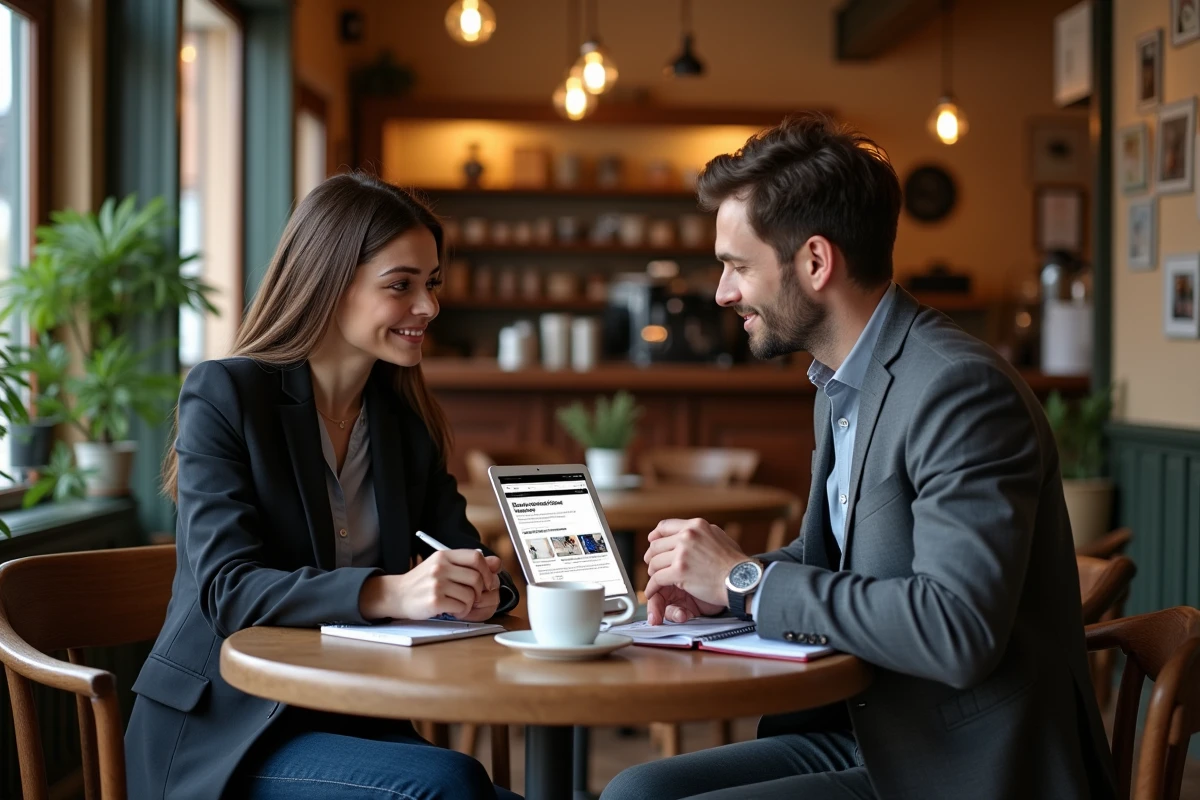 Deux entrepreneurs discutant des options d'abonnement à un journal business autour d'une tablette dans un café parisien