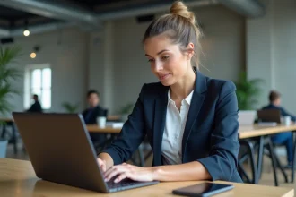 Entrepreneuse analysant les offres d'abonnement business sur son ordinateur portable dans un espace de coworking moderne