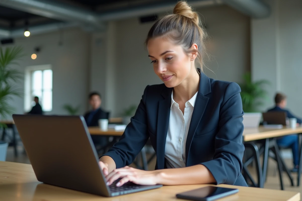 Entrepreneuse analysant les offres d'abonnement business sur son ordinateur portable dans un espace de coworking moderne