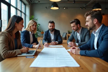 &Eacute;quipe de cinq professionnels analysant un planning de rythme 5x8 autour d'une table de r&eacute;union en bureau open-space moderne