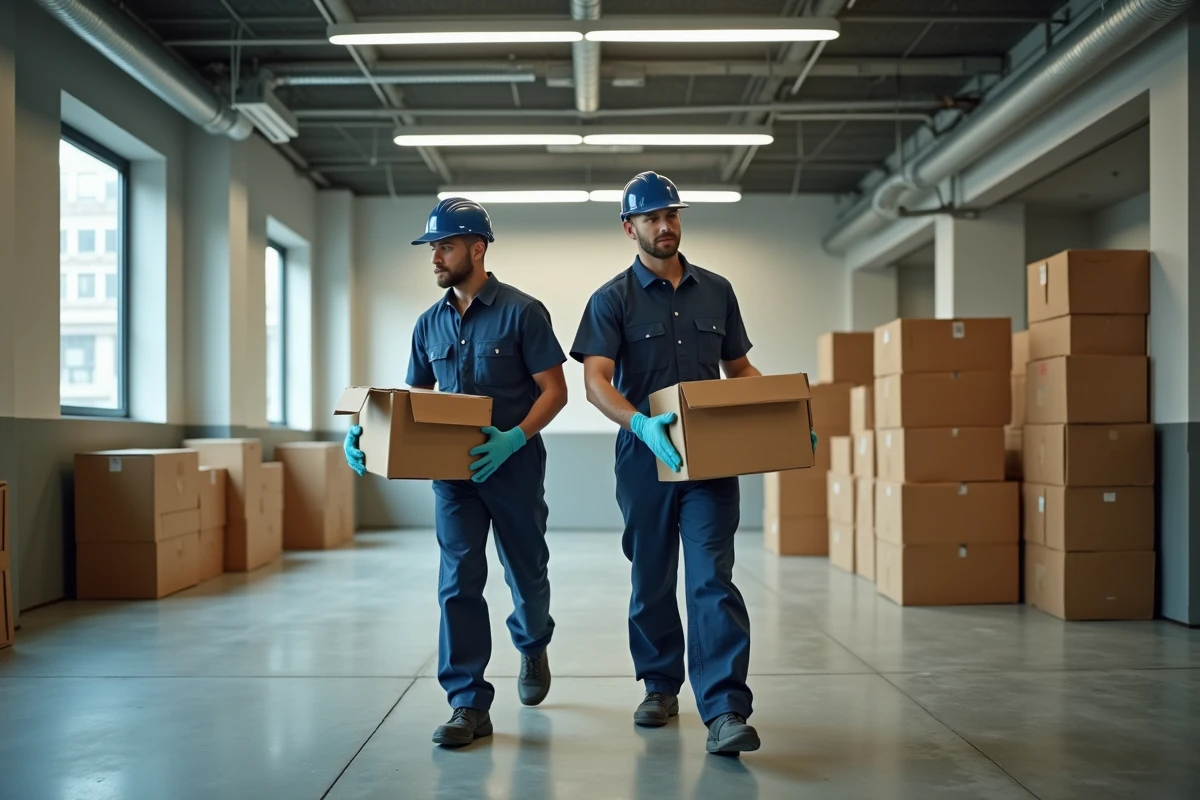 Équipe professionnelle de débarras en train de vider des bureaux commerciaux avec mobilier et cartons empilés