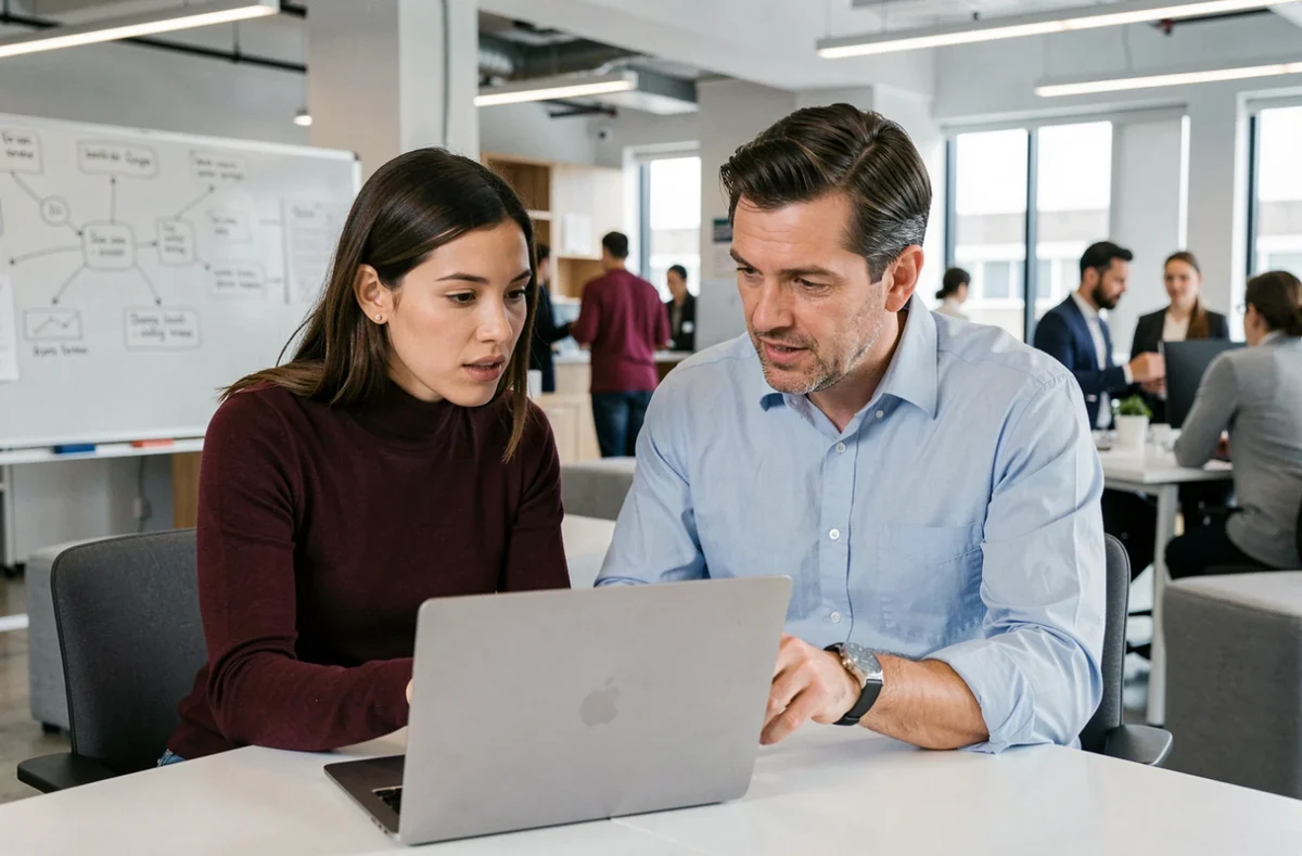 Deux développeurs informatiques en portage salarial collaborant sur un projet client dans un open space tech